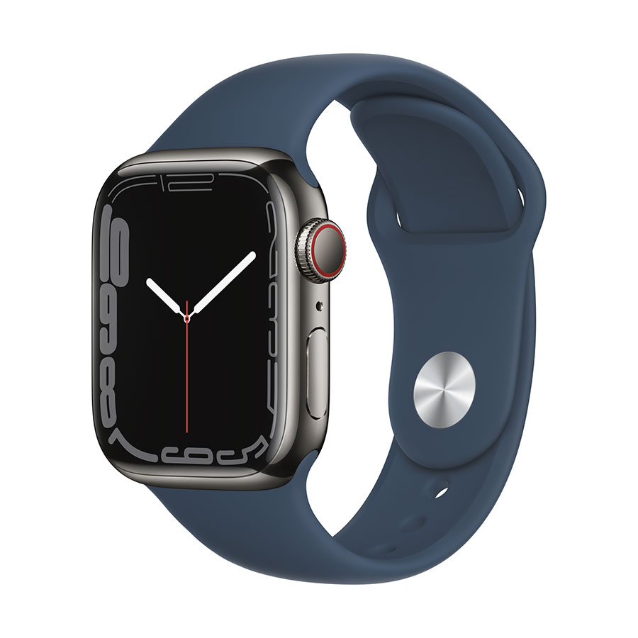 Apple Watch Series 7 GPS + Cellular, 41mm Stainless Steel Case with Sport Band - Regular - Graphite Stainless Steel Case with Abyss Blue Sport Band - Regular – תמונה 6