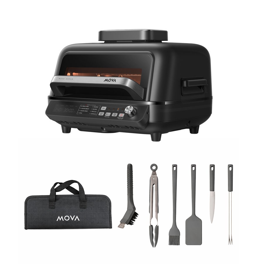 מכשיר בישול חכם Mova Grill IG20 – גריל, פלנצ'ה, תנור אפייה ואיירפריי – 8 תוכניות בישול – קיבולת 6.5 ליטר + ערכת אביזרים