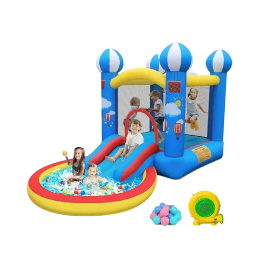 מתקן מתנפח לגינה MIRAJUMP – דגם MJ68 טירת הכדורים – מגלשה ואזור קפיצה – מפוח 550W